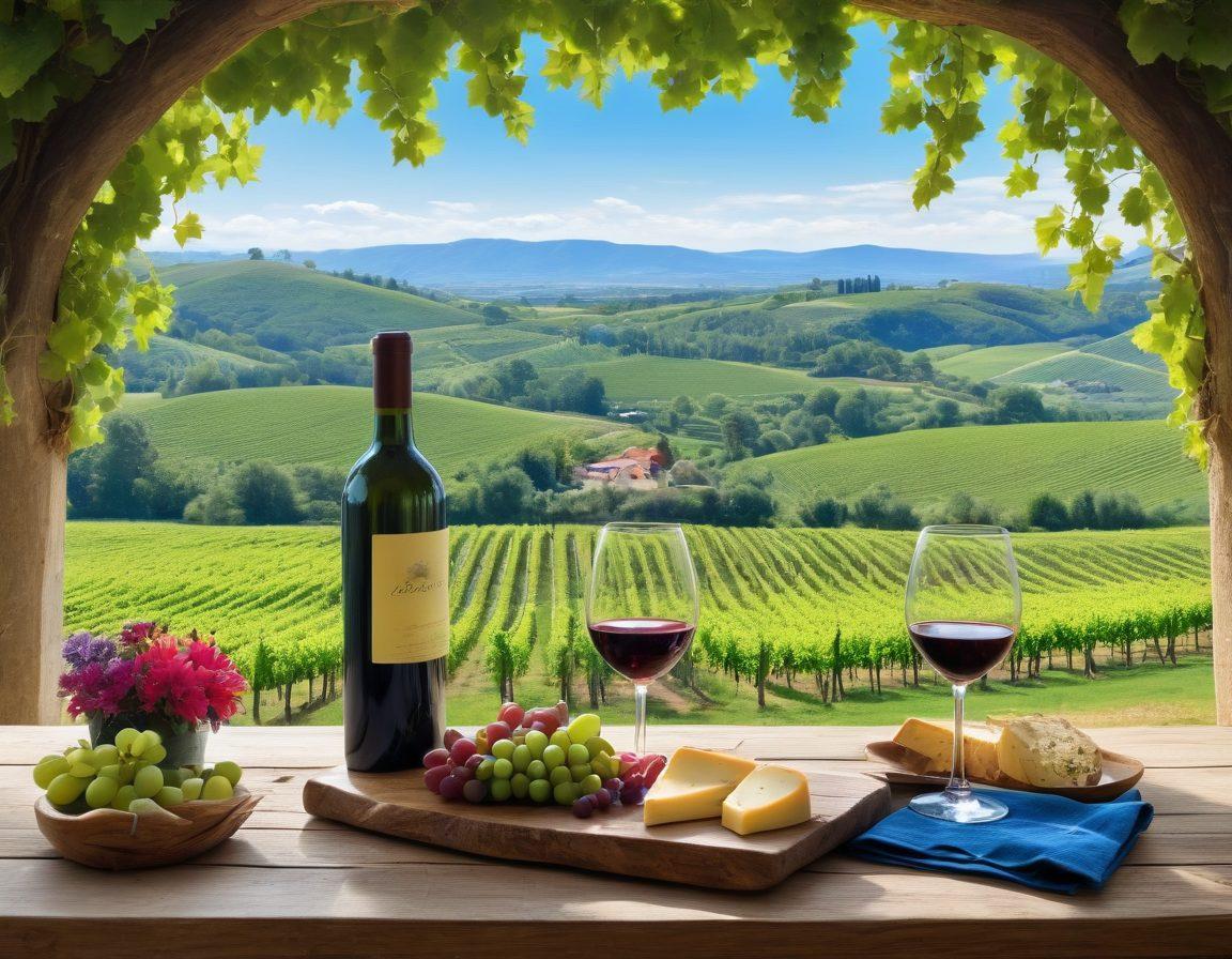 A picturesque vineyard landscape with lush green rows of grapevines under a bright blue sky. In the foreground, a rustic wooden table set for a wine tasting, complete with beautifully arranged glasses, a bottle of local wine, and a cheese platter. Add hills in the background, dotted with quaint wineries and colorful wildflowers for a joyful atmosphere. Emphasize warm lighting to evoke a sense of adventure and relaxation. super-realistic. vibrant colors. natural scenery.