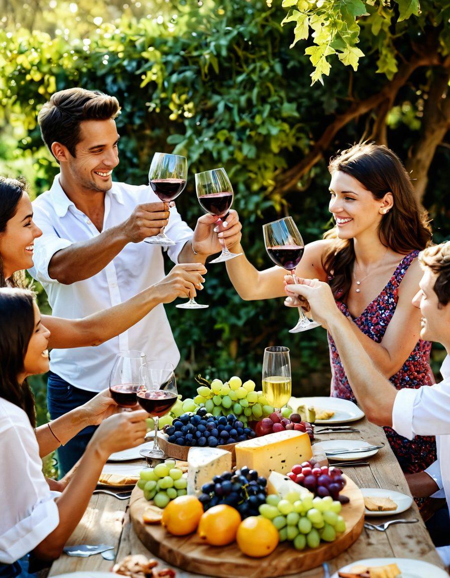 A lively outdoor setting featuring a diverse group of friends toasting with various wine glasses, surrounded by lush grapevines and colorful decorations for a celebration. Include a table adorned with artisanal cheese and fruits, with sunlight casting a warm glow. Capture the joy and camaraderie of a wine tasting experience, evoking a sense of festivity and happiness. vibrant colors. super-realistic.