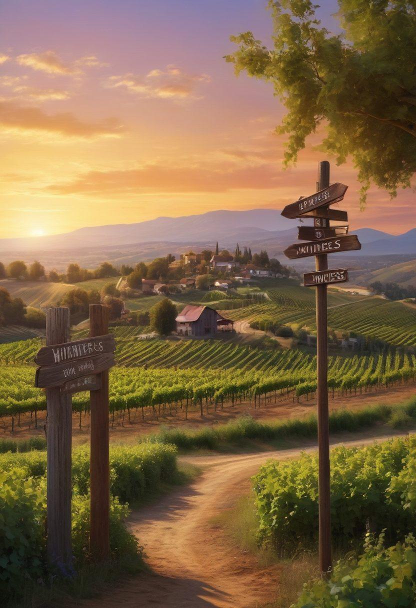 A picturesque scene of rustic vineyards with rolling hills in the background, featuring a vintage wooden signpost pointing towards local wineries and happy hour spots. Include a couple enjoying wine with a sunset in the background, surrounded by grapevines. The scene should evoke a sense of adventure and relaxation. vibrant colors. super-realistic.